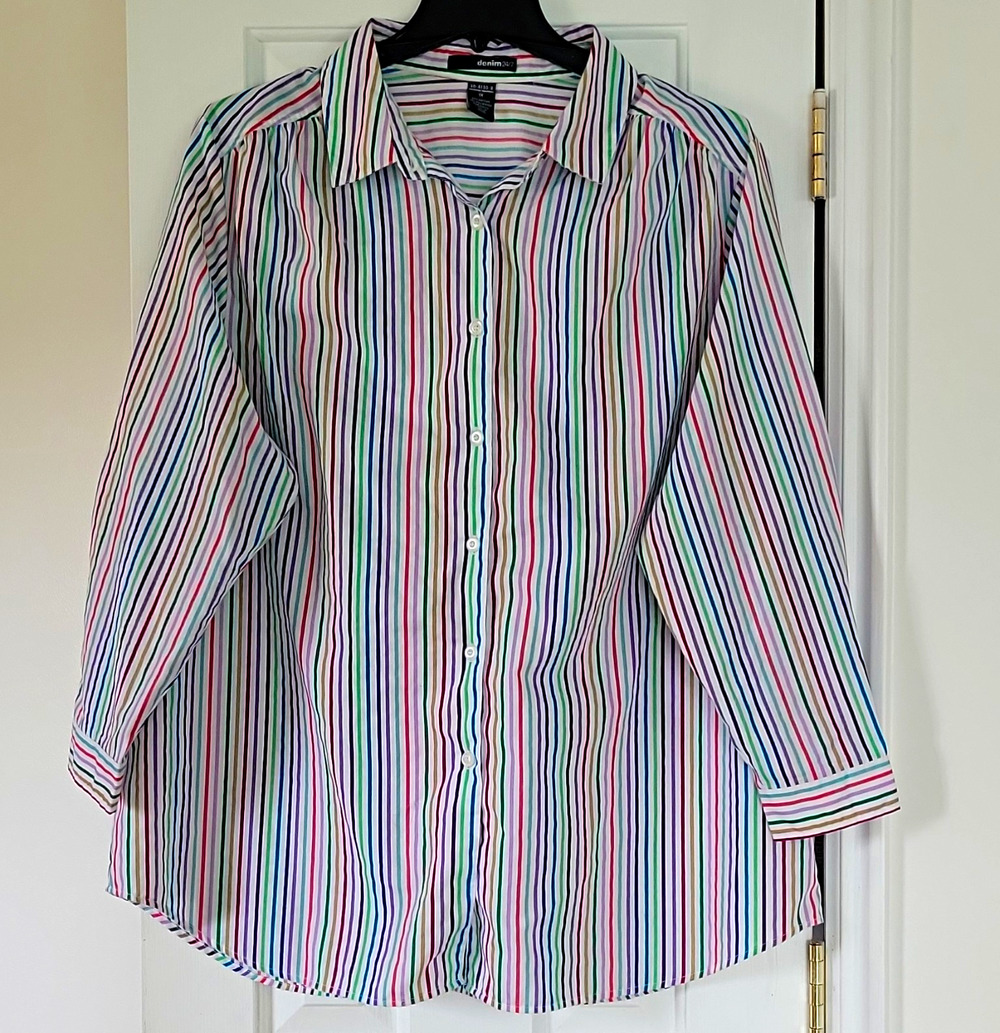 Denim 24/7 Women's Plus 1X Multicolor Striped Collared Long Sleeve Button-Up